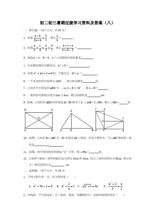 初二初三数学暑期过渡学习资料及答案3