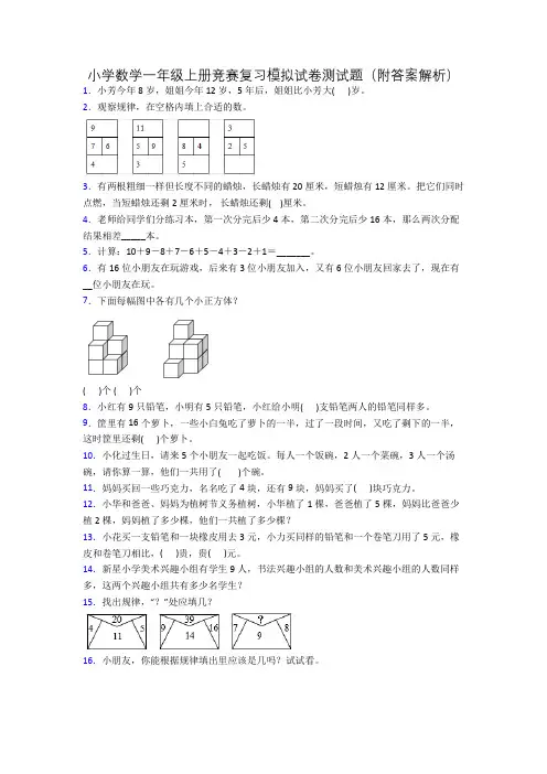 小学数学一年级上册竞赛复习模拟试卷测试题(附答案解析)