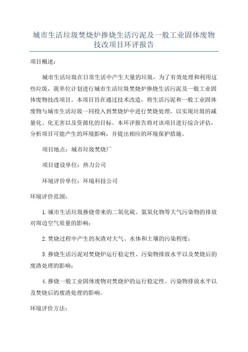 城市生活垃圾焚烧炉掺烧生活污泥及一般工业固体废物技改项目环评报告