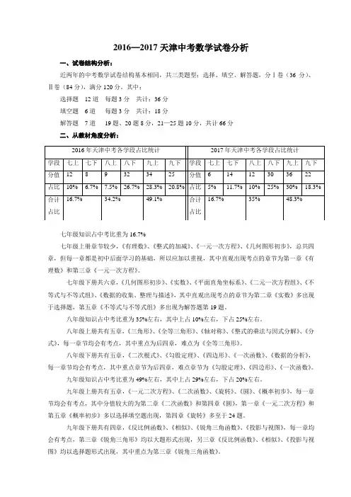 2016—2017天津中考数学试卷分析