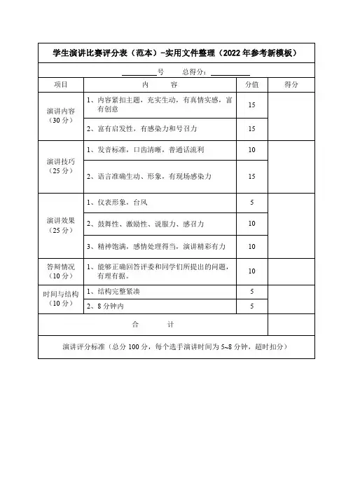 学生演讲比赛评分表(范本)-实用文件整理(2022年参考新模板)