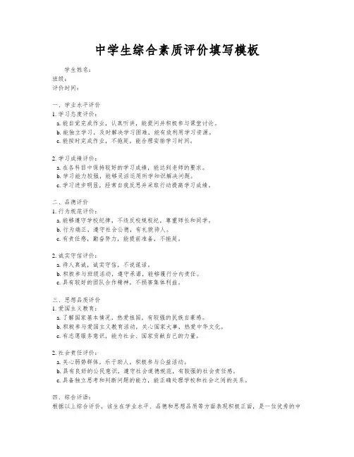 中学生综合素质评价填写模板