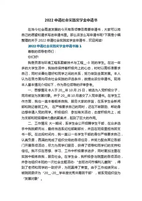 2022申请社会实践奖学金申请书