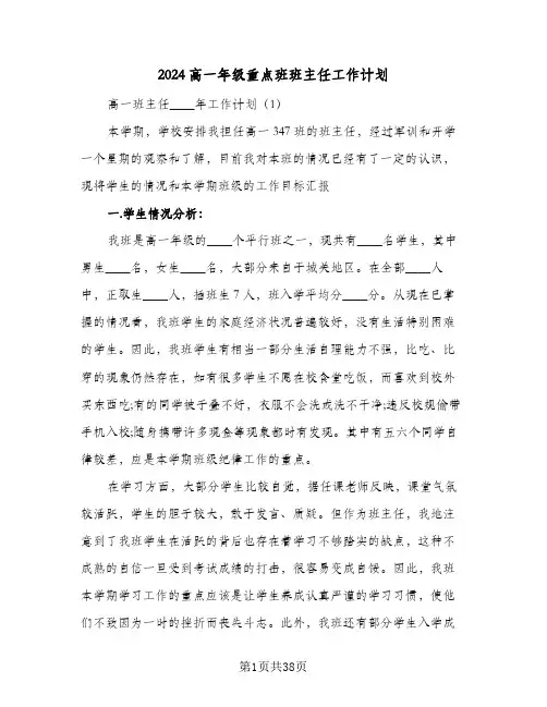2024高一年级重点班班主任工作计划（9篇）