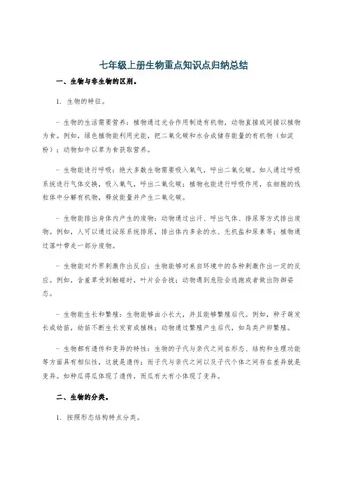 七年级上册生物重点知识点归纳总结