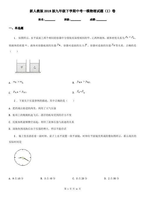 新人教版2019版九年级下学期中考一模物理试题(I)卷