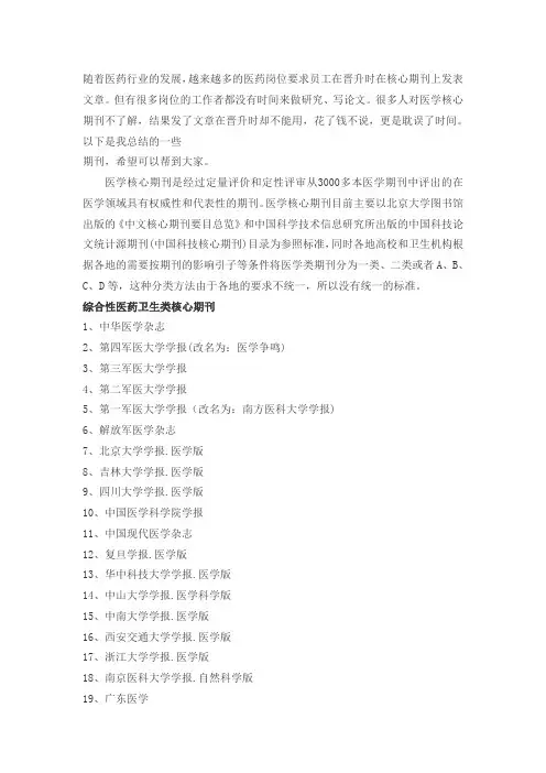 最新版国家级核心医学论文期刊汇总