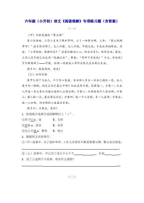 六年级(小升初)语文《阅读理解》专项练习题(含答案)7
