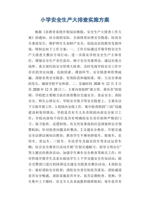小学安全生产大排查实施方案