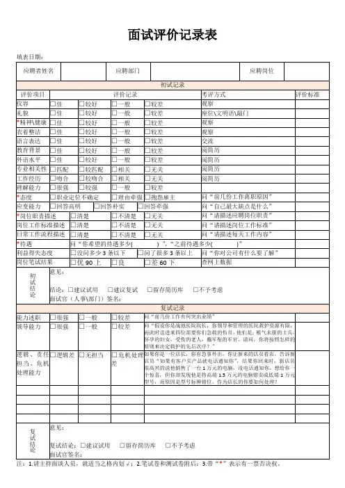 面试评价记录表