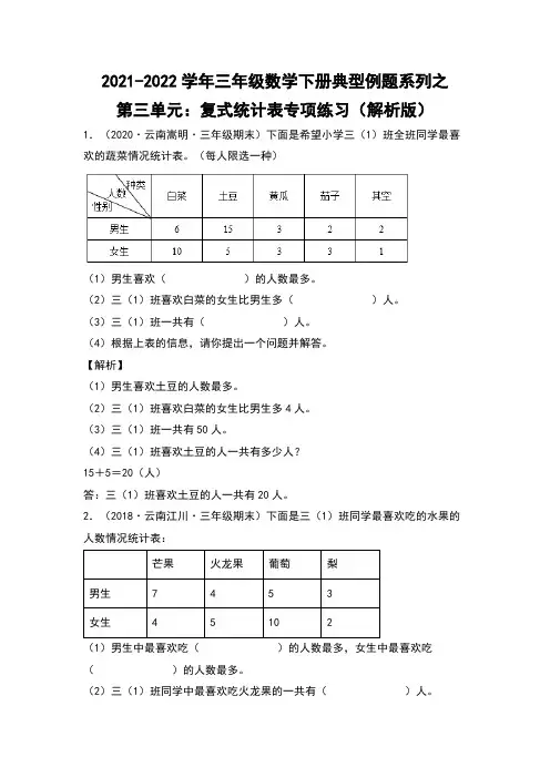三年级数学下册典型例题系列之第三单元：复式统计表专项练习(解析版)人教版