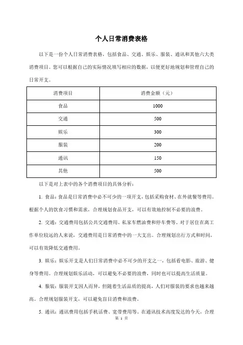 个人日常消费表格