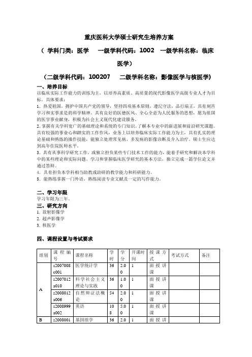 重庆医科大学硕士研究生培养方案