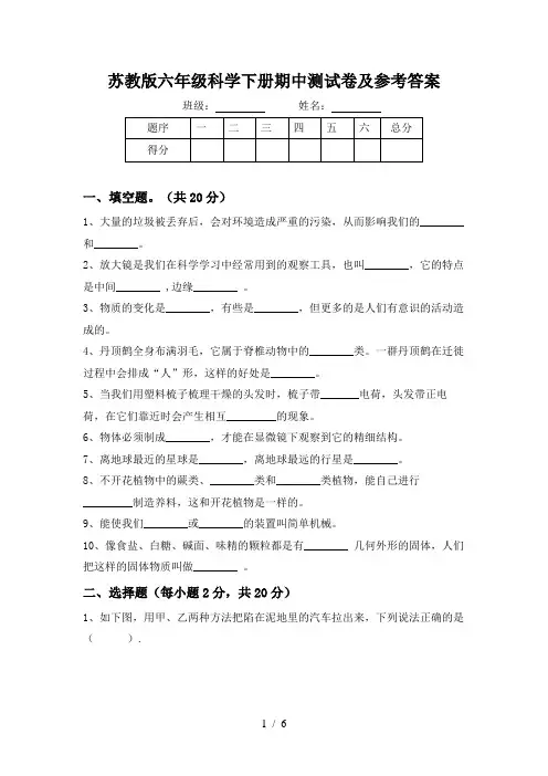 苏教版六年级科学下册期中测试卷及参考答案