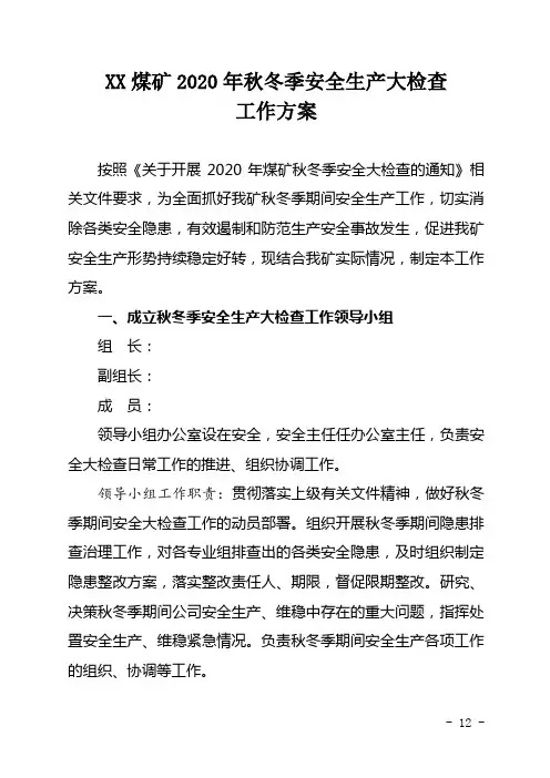 煤矿2020年秋冬季安全生产大检查工作方案