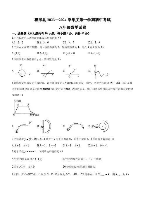 安徽省六安市霍邱县2023-2024学年八年级上学期期中数学试题(含答案)