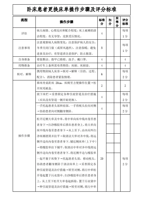 卧床患者更换床单操作步骤及评分标准