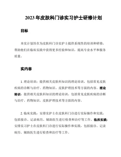 2023年皮肤科门诊实习护士研修计划