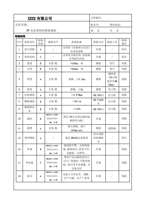 PP无纺布材料检验规范