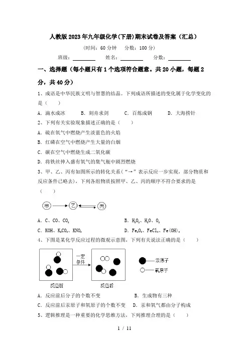 人教版2023年九年级化学(下册)期末试卷及答案(汇总)