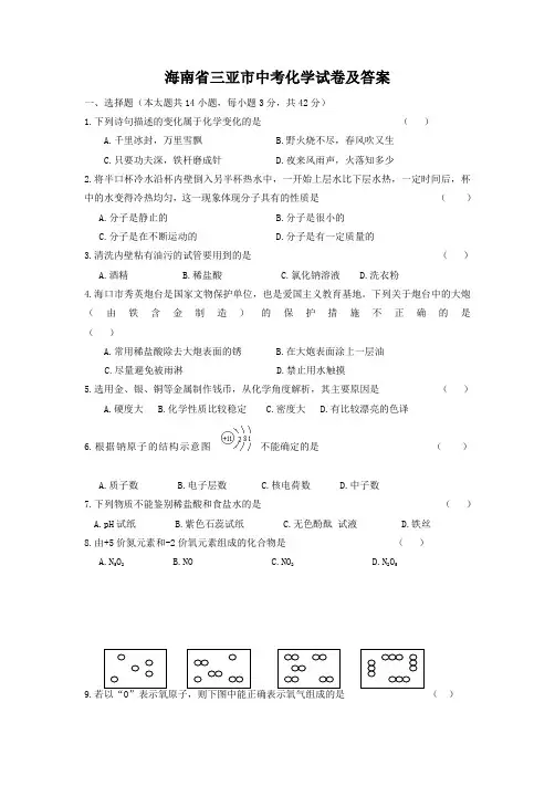 海南省三亚市中考化学试卷及答案
