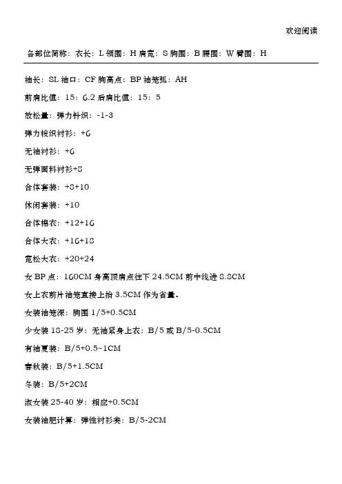 服装制版基本尺寸