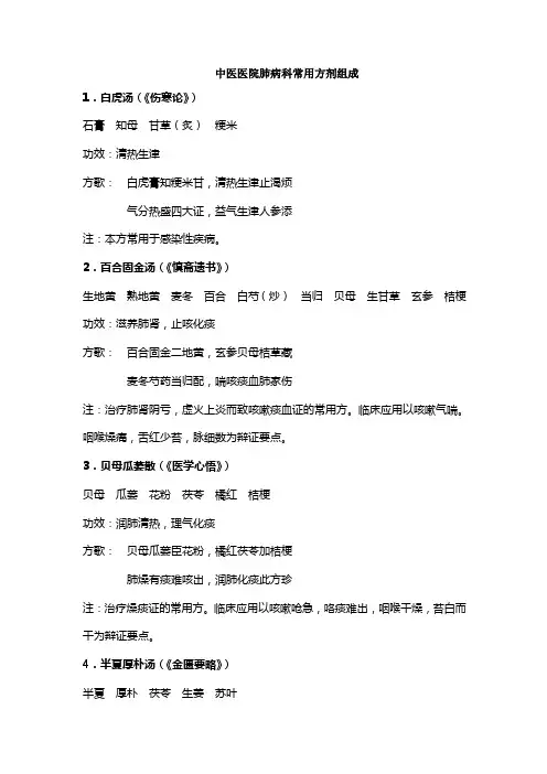 中医院肺病科常用中药方剂组成