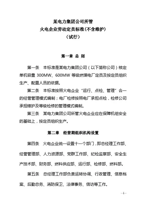 某电力集团公司劳动定员标准