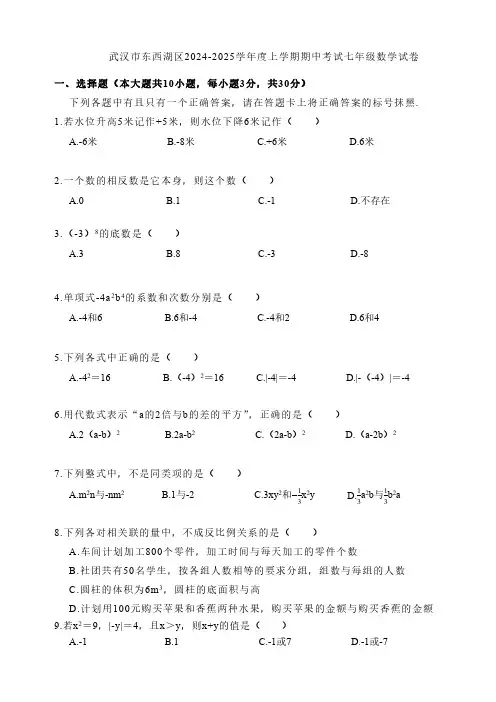 武汉市东西湖区2024-2025学年度上学期期中考试七年级数学试卷