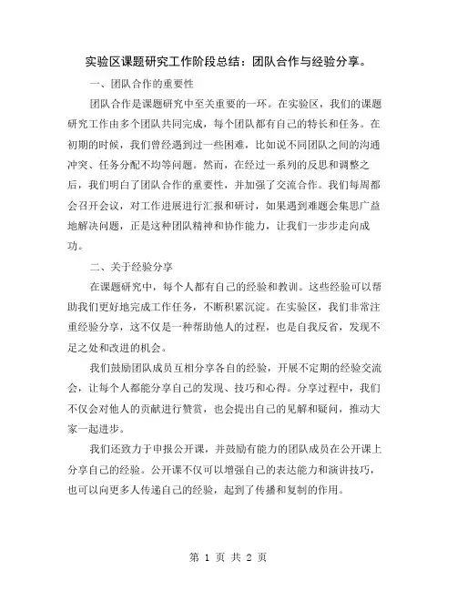 实验区课题研究工作阶段总结：团队合作与经验分享