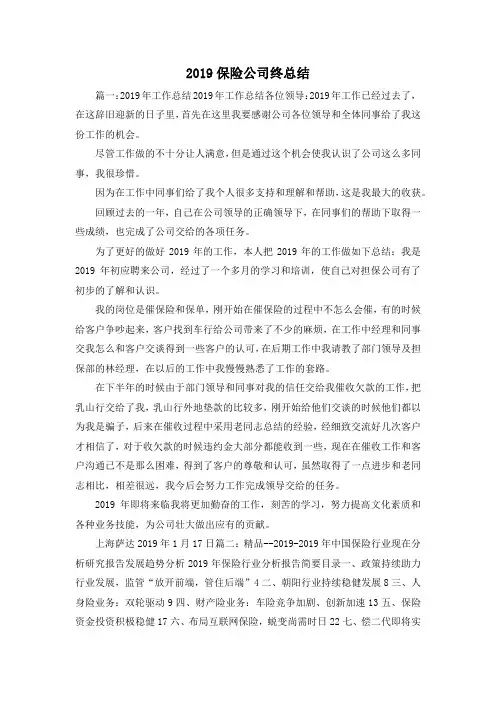 工作总结-2019保险公司终总结 精品