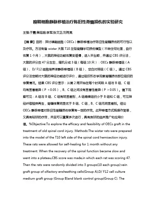嗅鞘细胞静脉移植治疗陈旧性脊髓损伤的实验研究