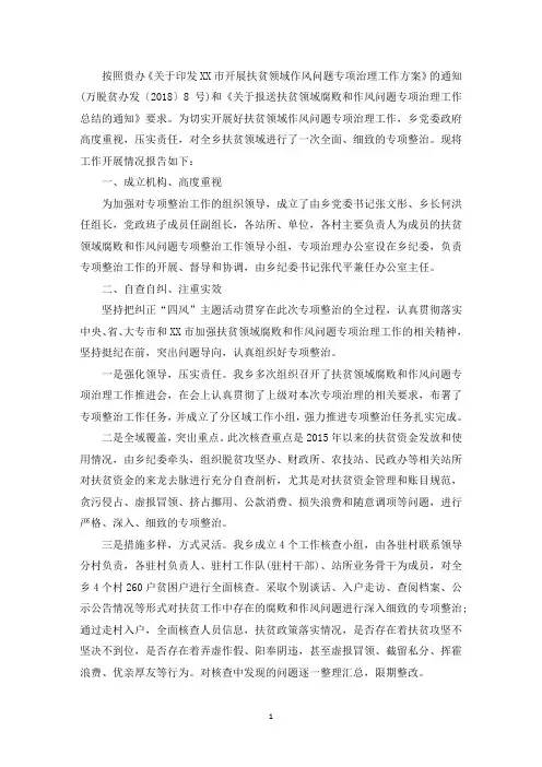 扶贫领域腐败和作风问题专项治理工作情况报告