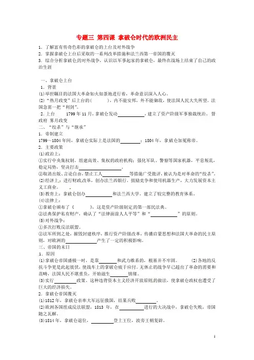 河北省沙河市二十冶综合学校高中分校高中历史 专题三 第四课 拿破仑时代的欧洲民主导学案(无答案)人民