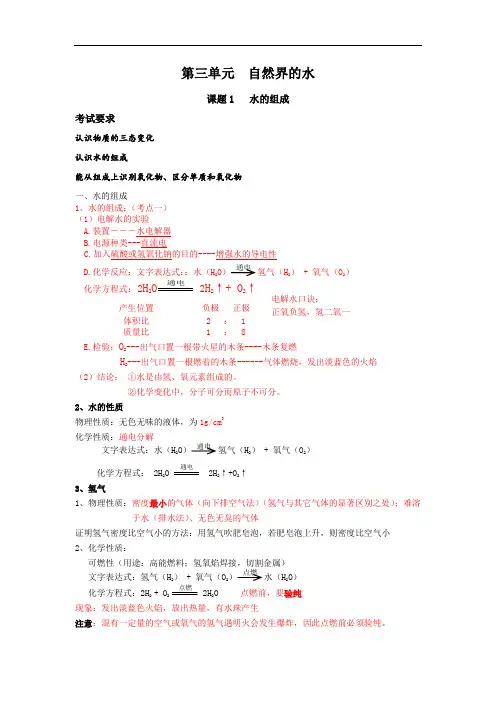 人教版化学九年级上册中考复习《自然界的水》知识点详细整理汇总