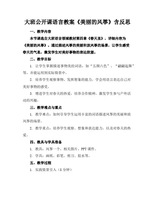 大班公开课语言教案《美丽的风筝》含反思