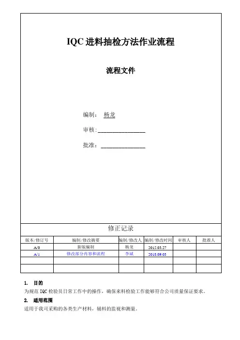 IQC进料抽检方法作业流程