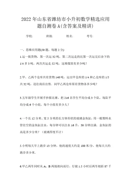 2022年山东省潍坊市小升初数学精选应用题自测卷A含答案及精讲