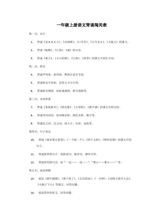 一年级上册语文背诵闯关表