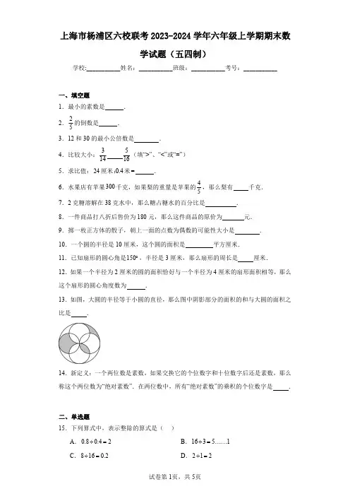 上海市杨浦区六校联考2023-2024学年六年级上学期期末数学试题(五四制)