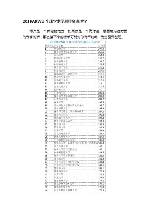 2019ARWU全球学术学科排名海洋学
