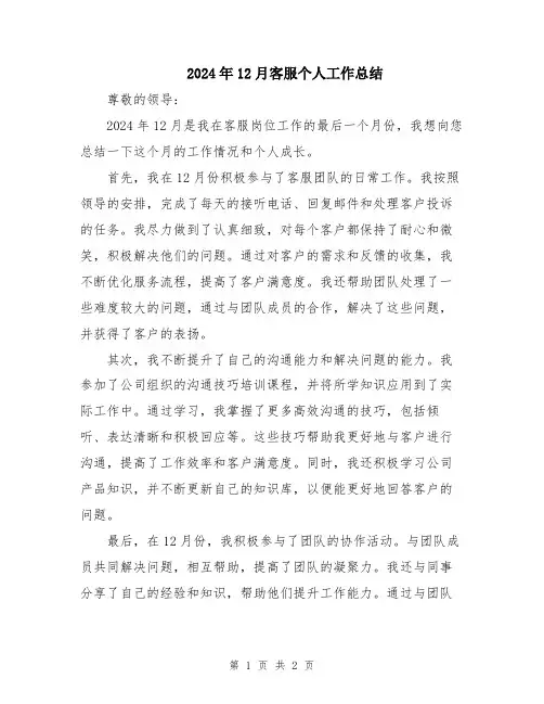 2024年12月客服个人工作总结