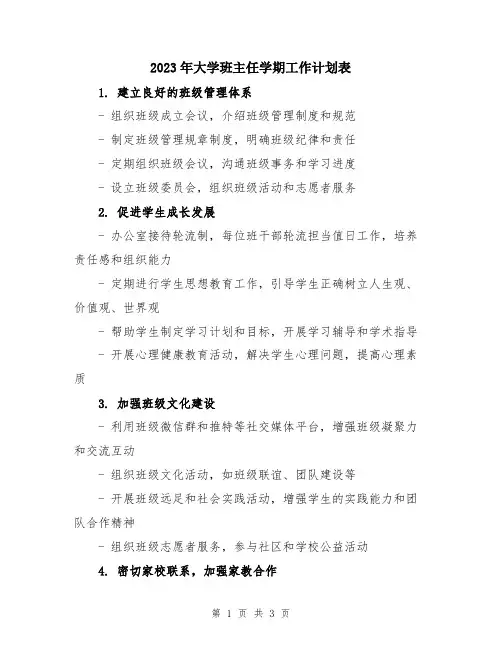 2023年大学班主任学期工作计划表