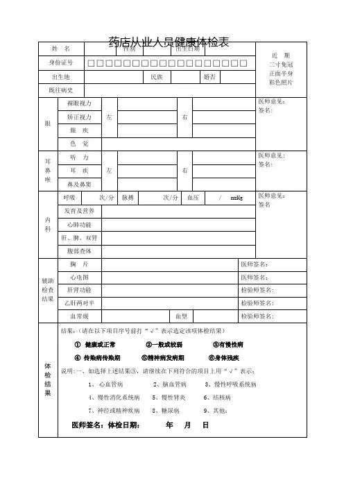 药店从业人员健康体检表