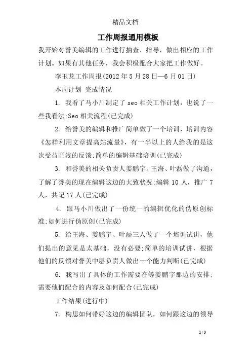 工作周报通用模板