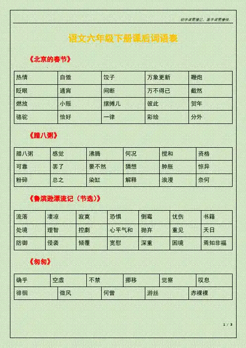 六年级下册课后词语表