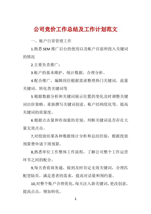 公司竞价工作总结及工作计划范文 