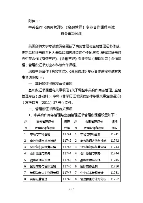 中英合作《商务管理》、《金融管理》专业合作课程考试有关事项说明