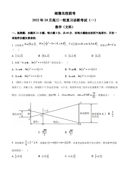 2022-2023学年湘豫名校联考高三上学期10月一轮复习诊断考试(一)数学(文科)试卷(含详解)