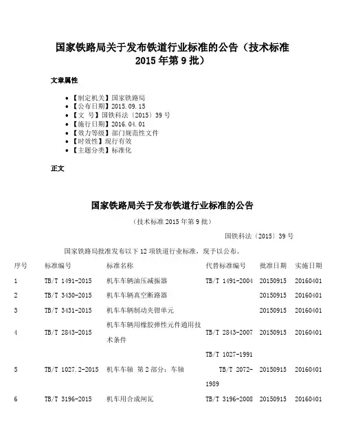 国家铁路局关于发布铁道行业标准的公告（技术标准2015年第9批）